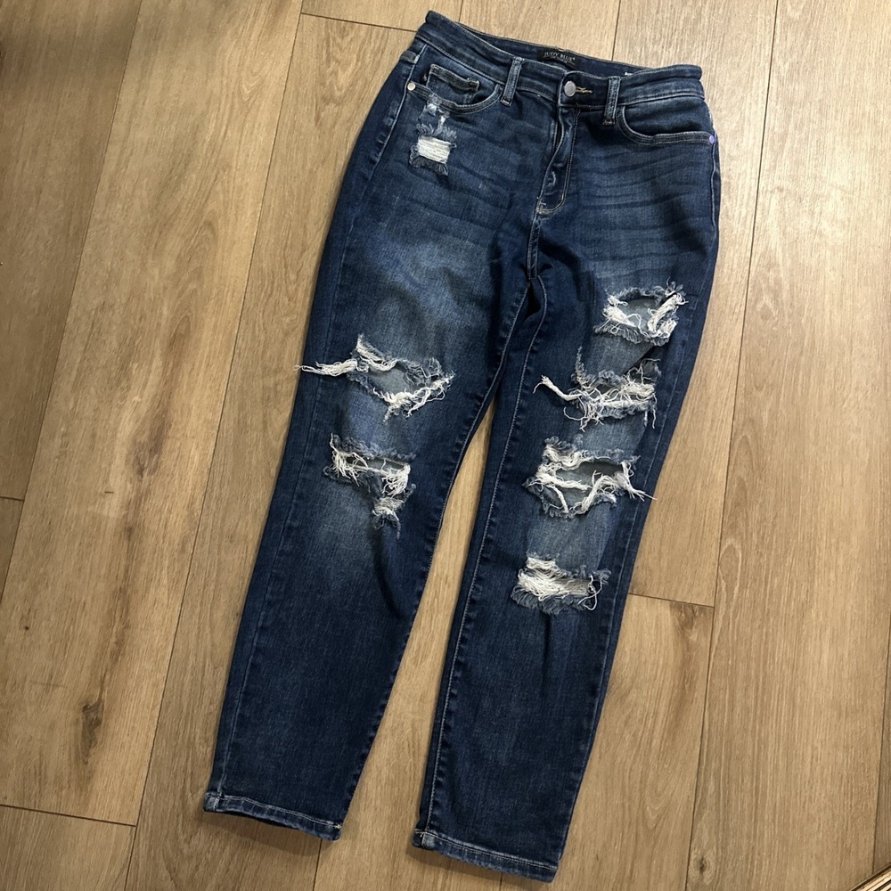 Judy Blue Boyfriend Jeans Women 5/27 Distressed‎ Ripped Medium Wash Denim